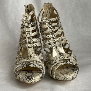 Snake print studded caged platform heels
